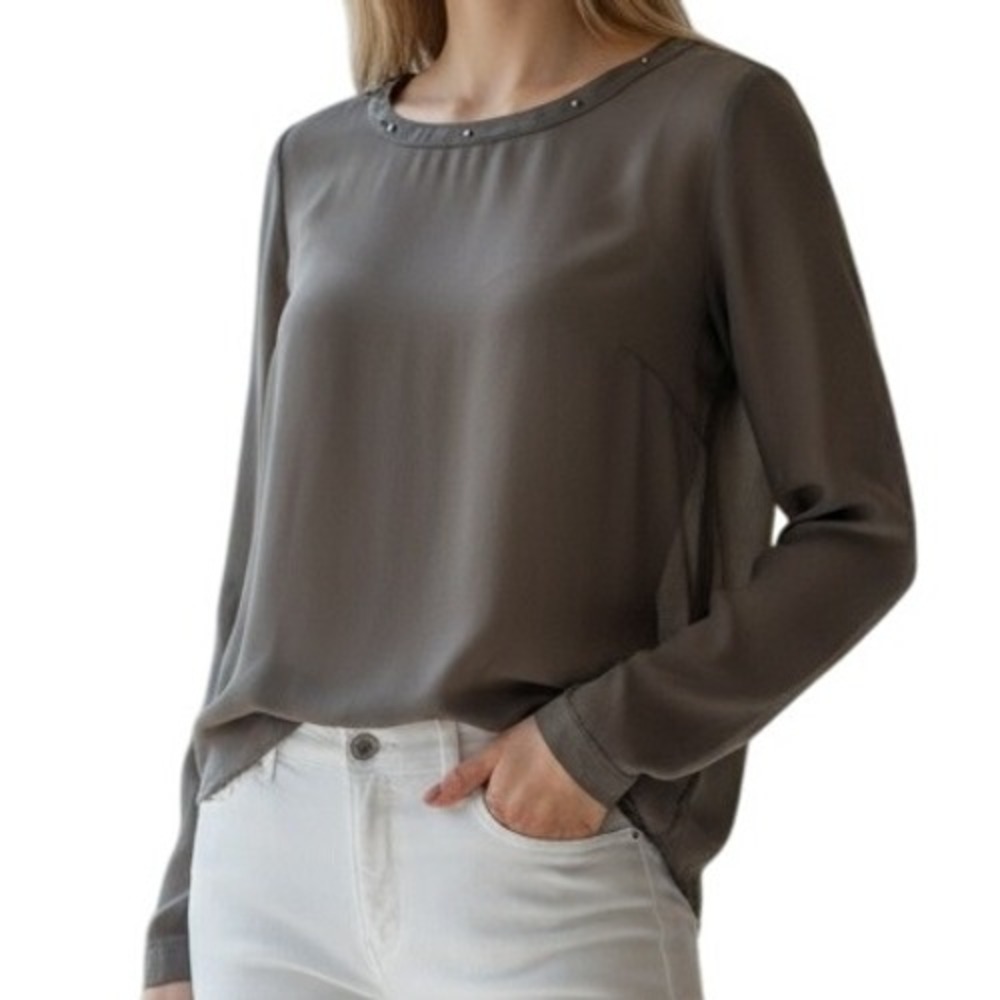 NAKED ZEBRA Ash Gray Gold Studded Neck Draped Open Back L/S Top NWOT S